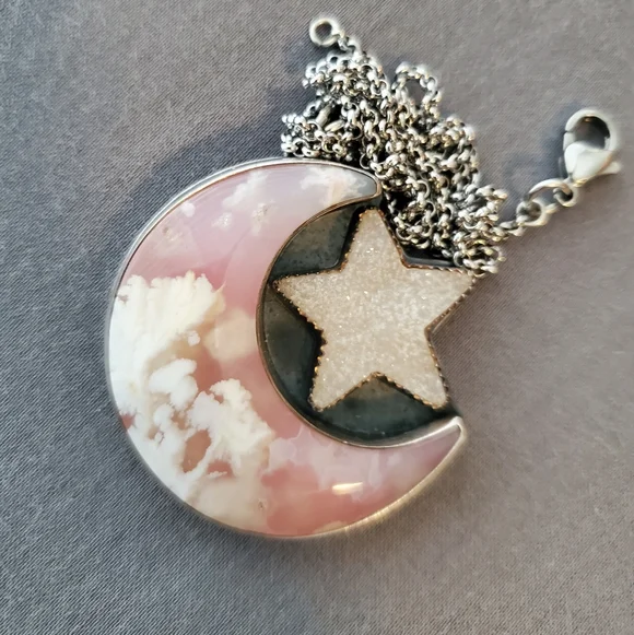 Sterling Silver Plume Agate Moon With Druzy Quartz Star Necklace Ooak Handmade - Picture 7 of 7